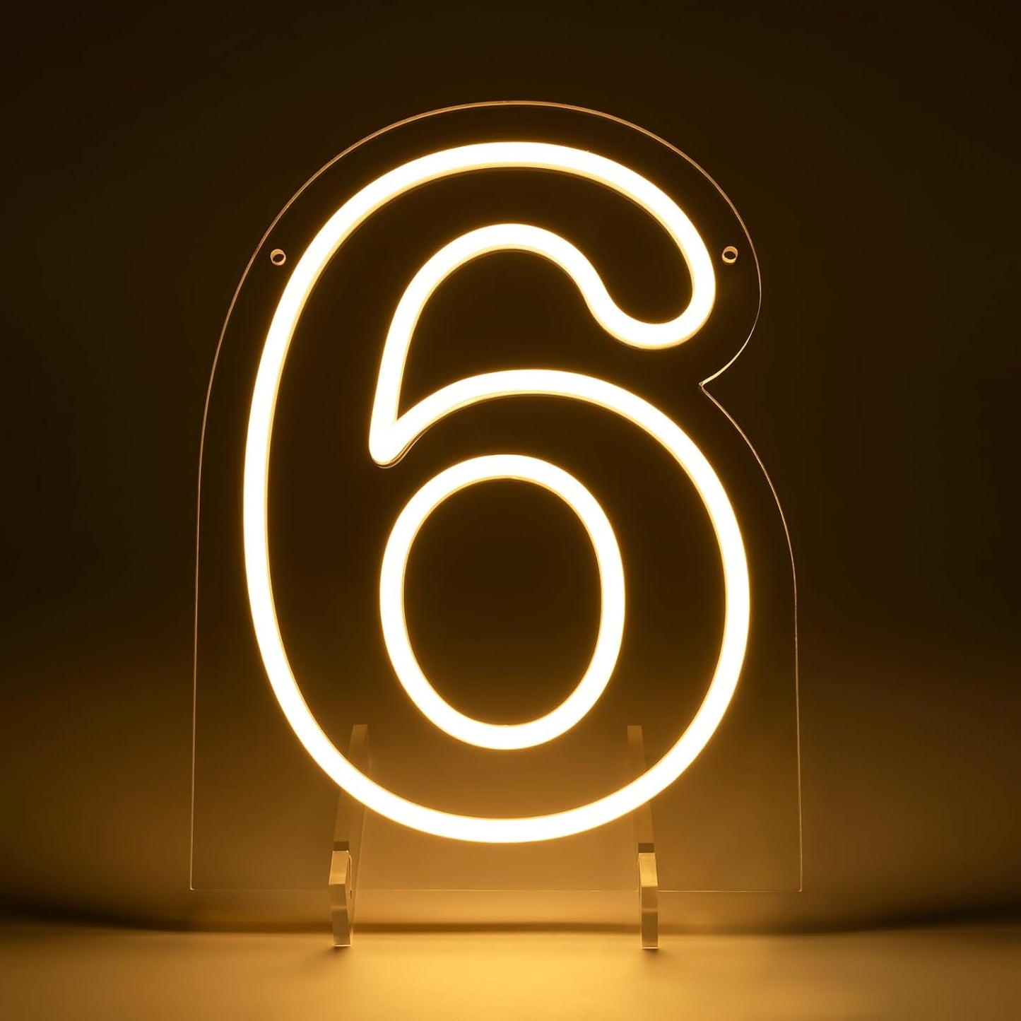 Number 6 LED Neon Sign Backdrop Birthday Party Decoration, 11.3" 11.3" Height Warm White Marquee Six Numbers Light Up Sign for Wedding Anniversary Window Wall Table, Indoor Battery Operated or USB