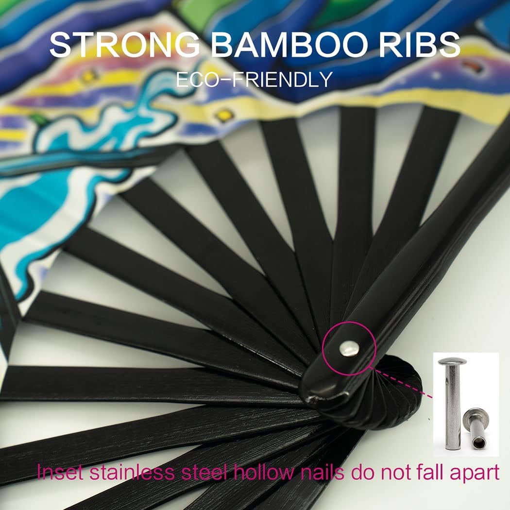 13" Large Rave Fan Bamboo, Folding Clack Hand Fans Foldable for Men Women, Boots on the Ground Poping Fan for EDM Festival Line Dance Decoration, (Rainbow, Large 13")