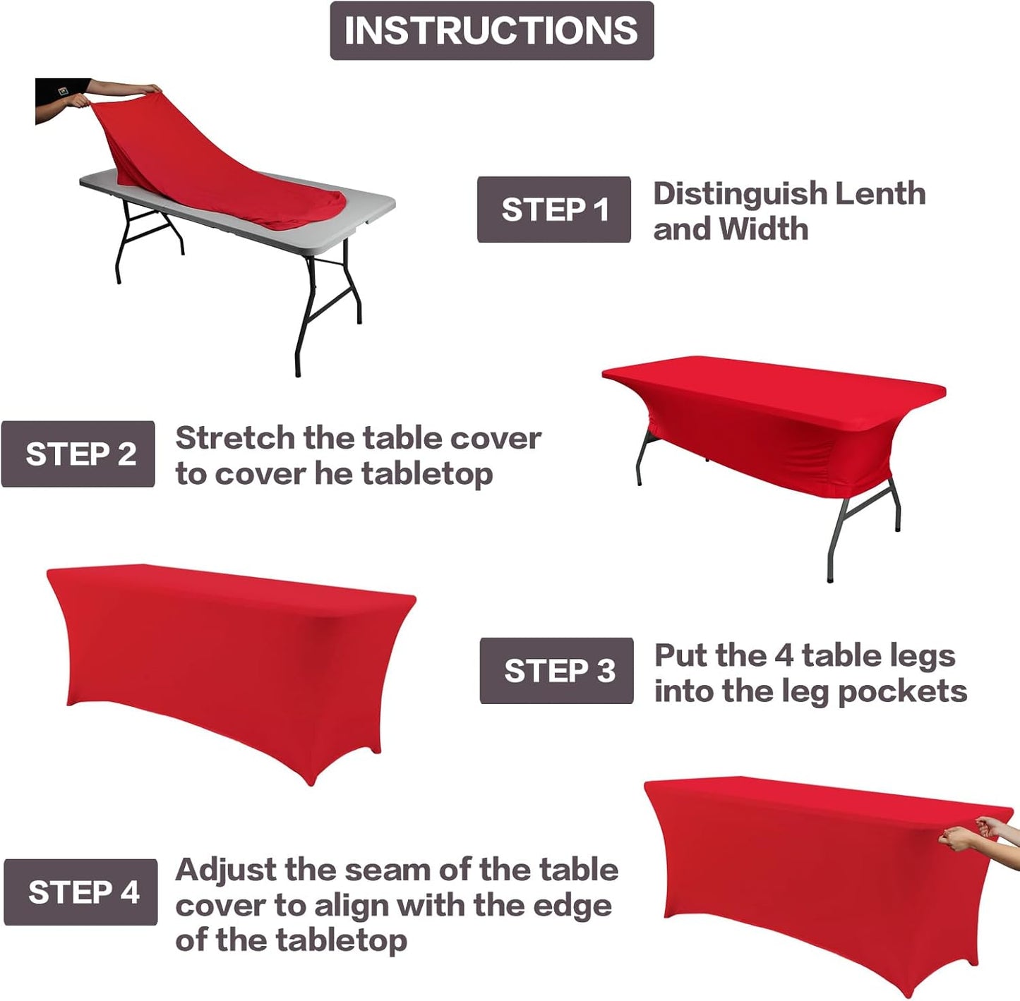 IVAPUPU 2 Pack 4FT Table Cloth for Rectangular Fitted Events Stretch Red Table Covers Washable Cover Spandex Tablecloth Protector for Party, Wedding, Cocktail, Banquet, Festival