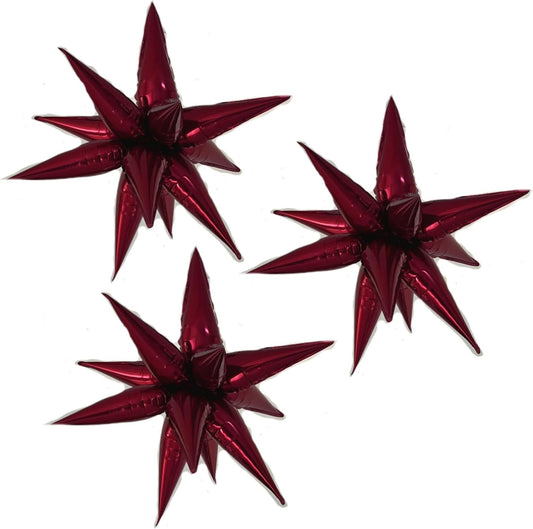 3pcs 26inch 3D wine red (Burgundy) Explosion Star foil balloon, wine red Foil Cone Star burst Balloons for Birthday Wedding New Year Party Event