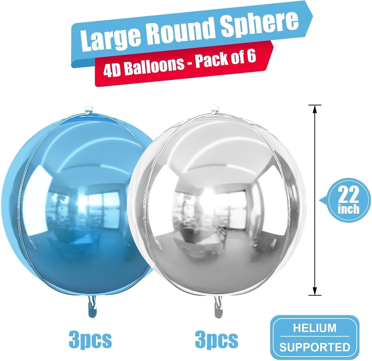 6Pcs Blue Silver Round Foil Balloons, 22inch 4D Metallic Silver Blue Balloons, Large Round Foil Ball Balloon for Boys Men Birthday Graduation Wedding Anniversary Party Backdrop Decoration