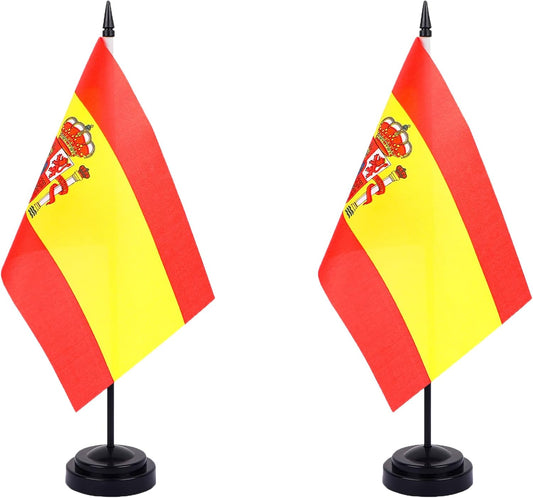 Spain Desk Flag 12" Solid Pole Deluxe Set Spanish Flags Banner Mini Small Spain Office Table Flags with Black Stand Base Desktop Decorations(2Pack)