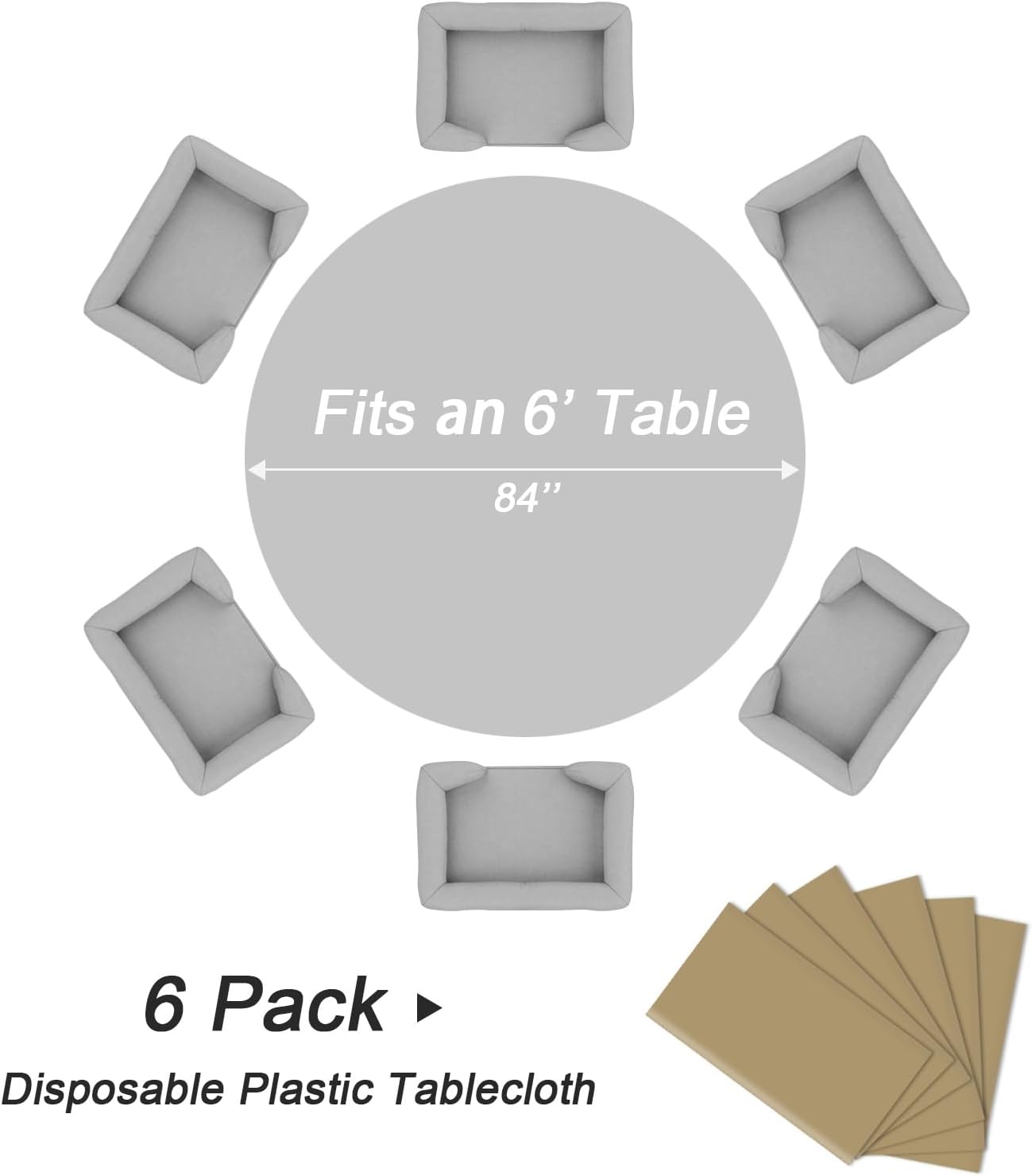 QIKSION Gold Round Tablecloth 6 Pack, 84 Inch Plastic Table Cover Disposable for Parties