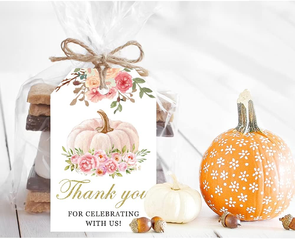 50 Pink Pumpkin Gift Tags - Fall Theme with String, Thank You Tags for Wedding, Birthday, Baby Shower & Party Favors (Two Colors)