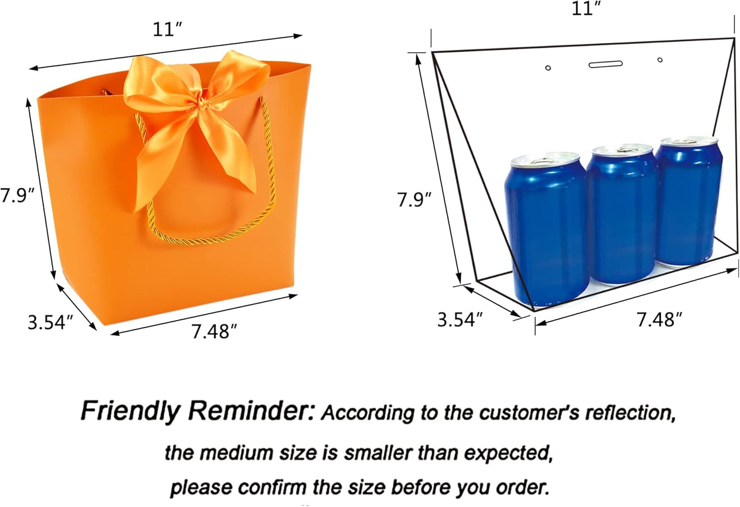 HUAPRINT Gift Bags with Handles,Party Favor Bags with Bow Ribbon,12Pcs Orange Paper Bags for Birthday Wedding Bridesmaid Present Celebration Holiday