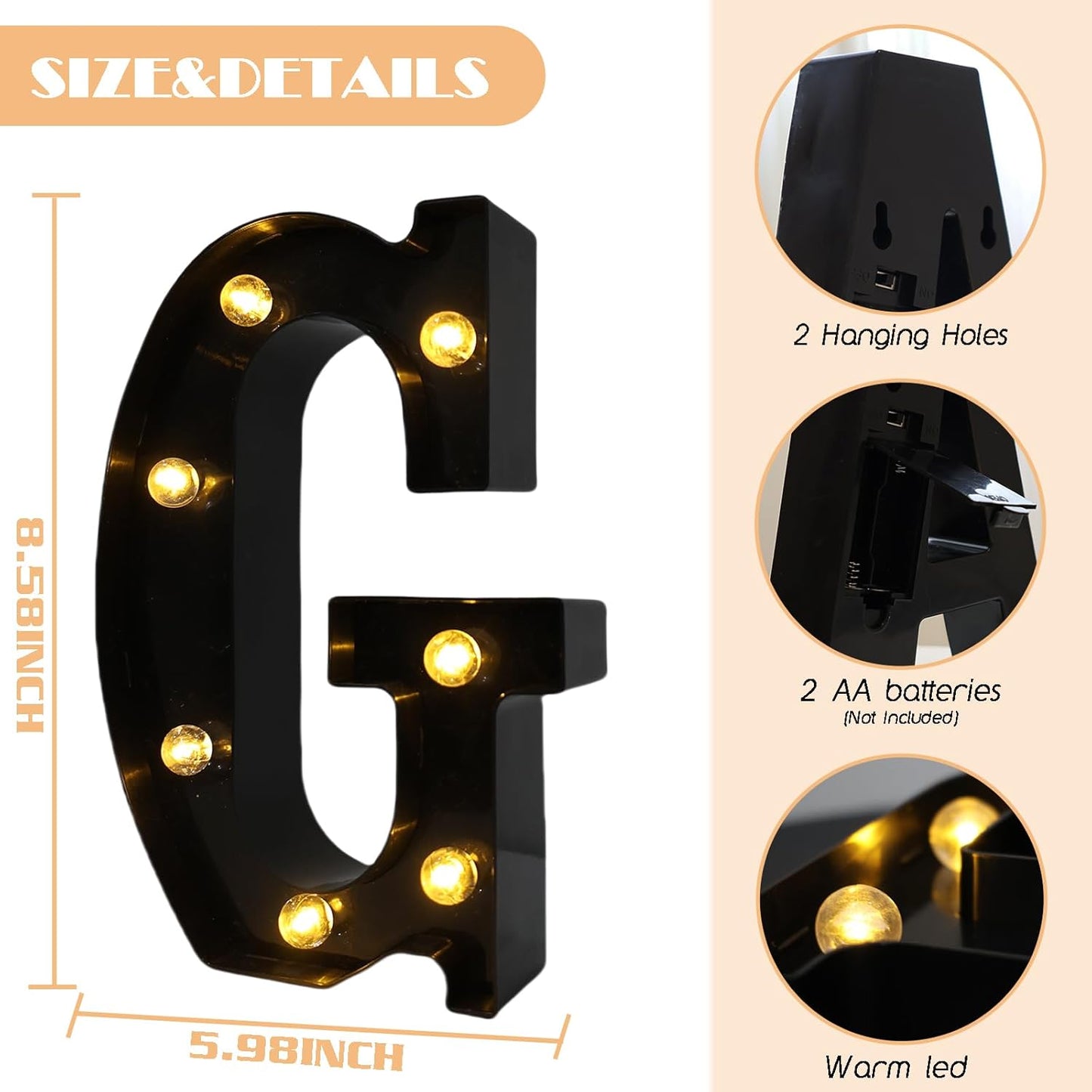 Led Marquee Letters, 8.58 Inch Black Light Up Letters, Small Led Letter Lights, Battery Powered Lighted Letterfor Table, Party, Birthday, Christmas Decor (Black, Letter G)