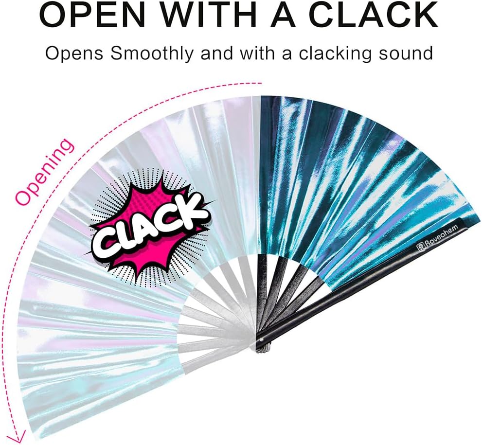Large Rave Fan, Clack Folding Hand Fan with Premium Fabric, Thick Bamboo Frame for Men Women Gift for EDM, Festival, Club, Party, Dance, Decoration (Holographic Blue-Purple, 13")