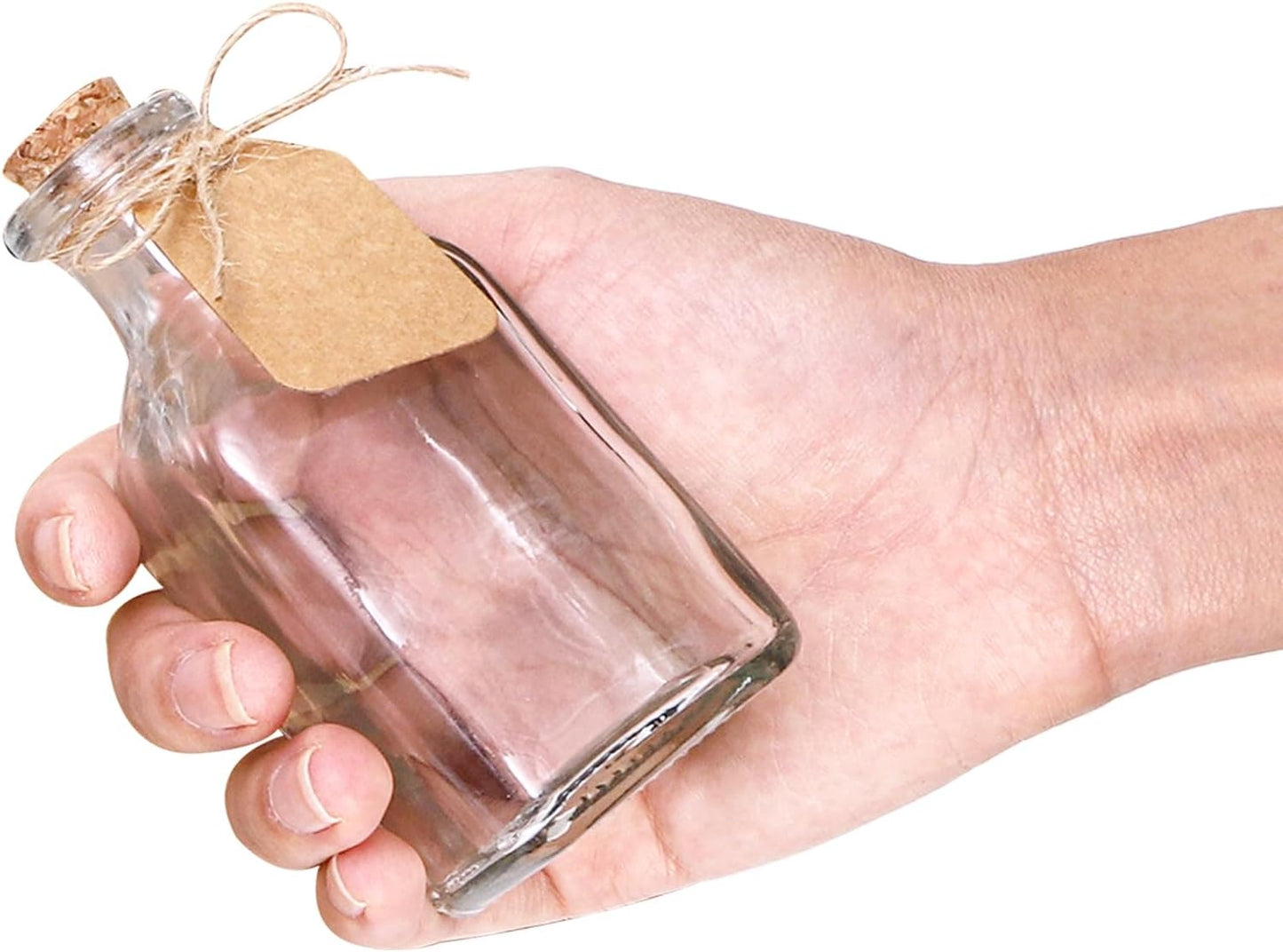 ZOOFOX 20 Pack Glass Bottles with Cork Stoppers, 3.4 oz Small Vintage Style Favor Jars, Clear Empty Cork Bottles for Party Favors, DIY Crafts, Extra Tags and String