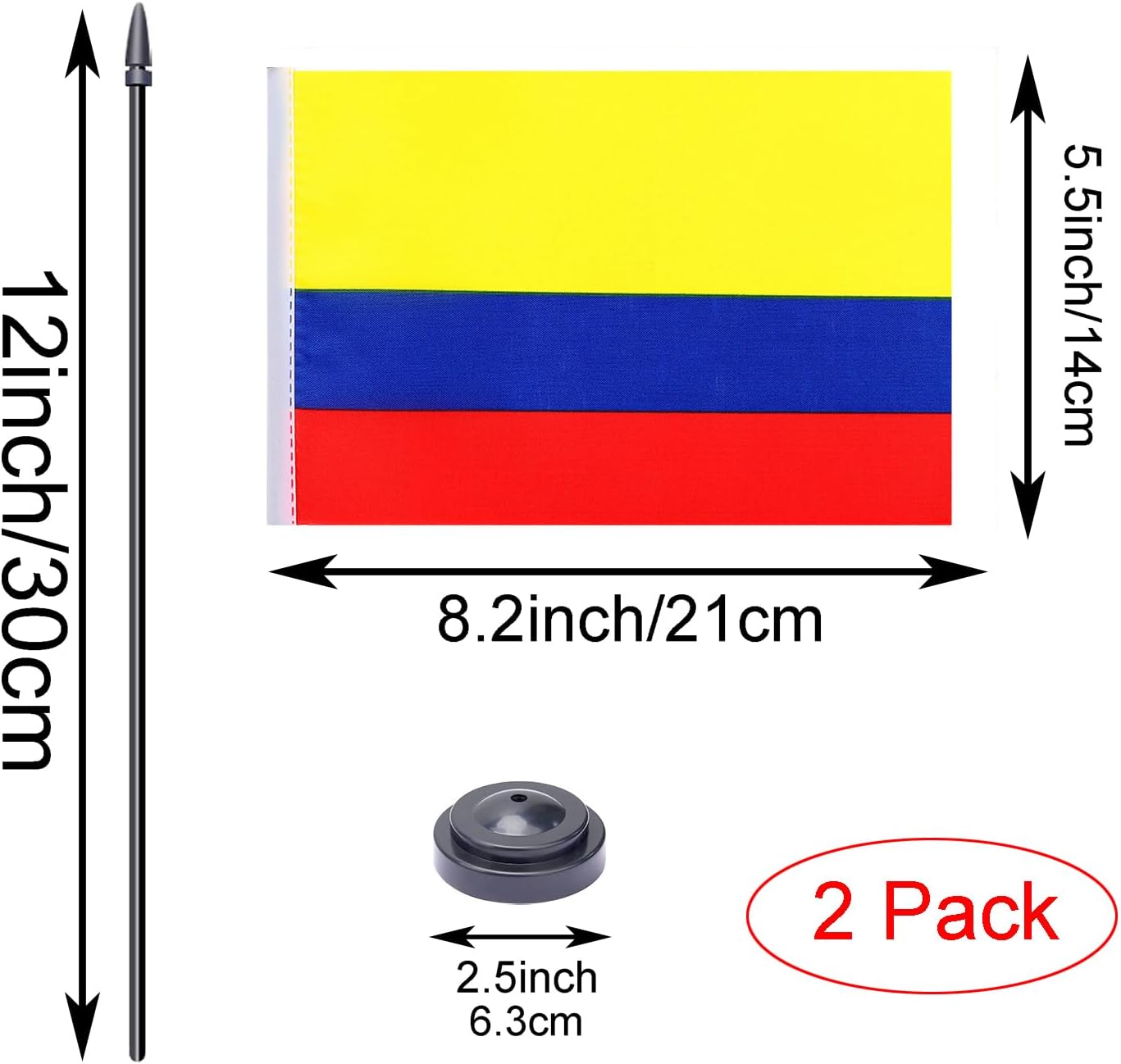 WXTWK 2 Pack Colombian Flag Colombian Deluxe Desk Flag Set - Mini Small Colombiana Table Office Flags with Black 12" Solid Pole Stand Base Classroom Meeting Desktop Decorations