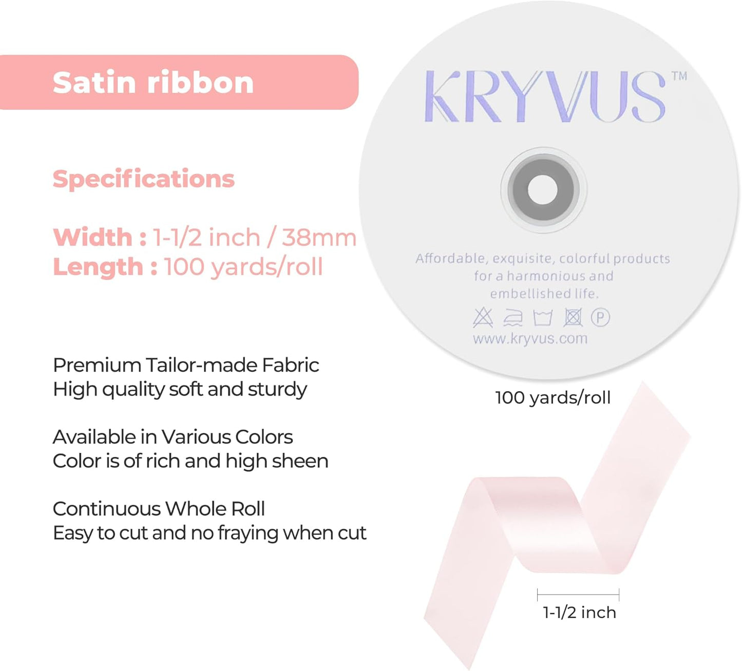 Baby Pink Satin Ribbon 1-1/2 inch X Continuous 100 Yards, Single Face Polyester Ribbon Perfect for Gift Wrapping, Flower Bouquet, Wedding Decor, Crafts, Bow Making, Sewing and More