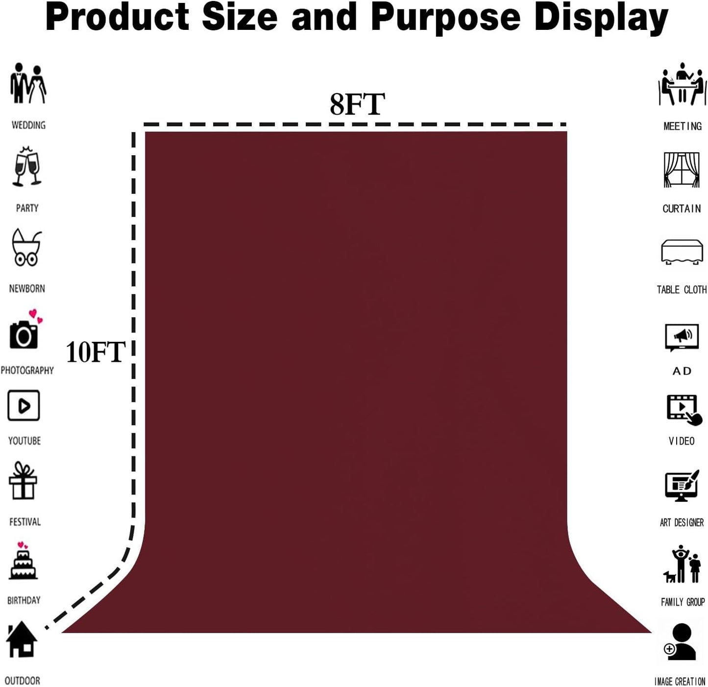 8x10FT Burgundy Wine Red Screen Backdrop for Photography Photo Booth Recording Parties Curtain
