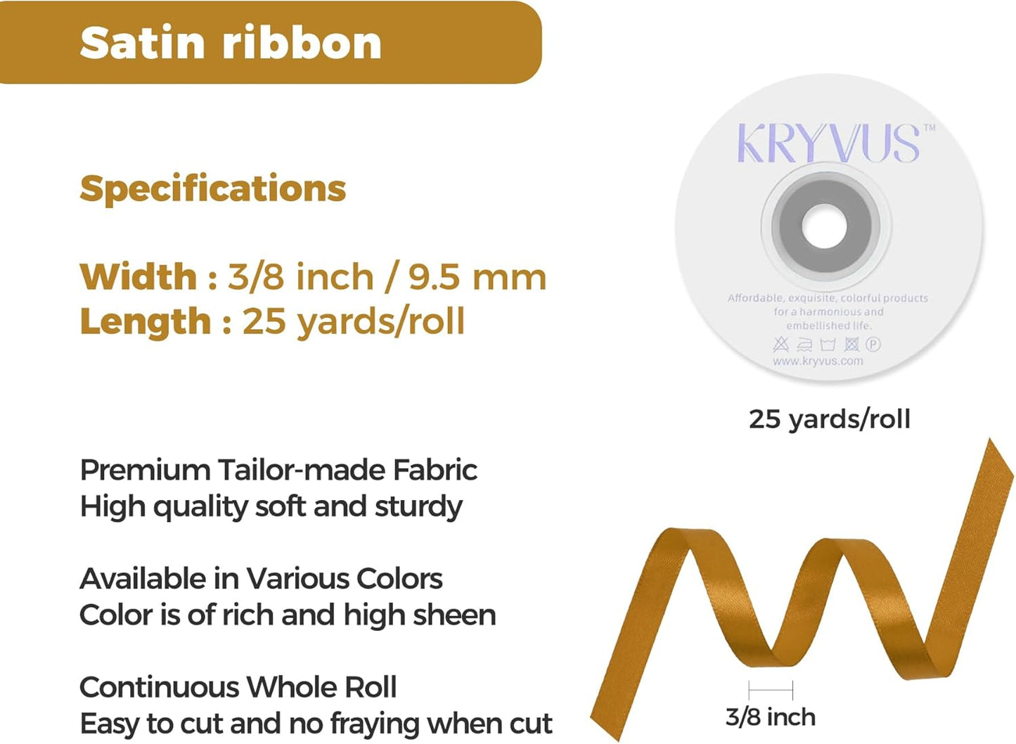 Gold Satin Ribbon 3/8 inch X Continuous 25 Yards, Single Face Polyester Ribbon Perfect for Gift Wrapping, Flower Bouquet, Wedding Decor, Crafts, Bow Making, Sewing and More