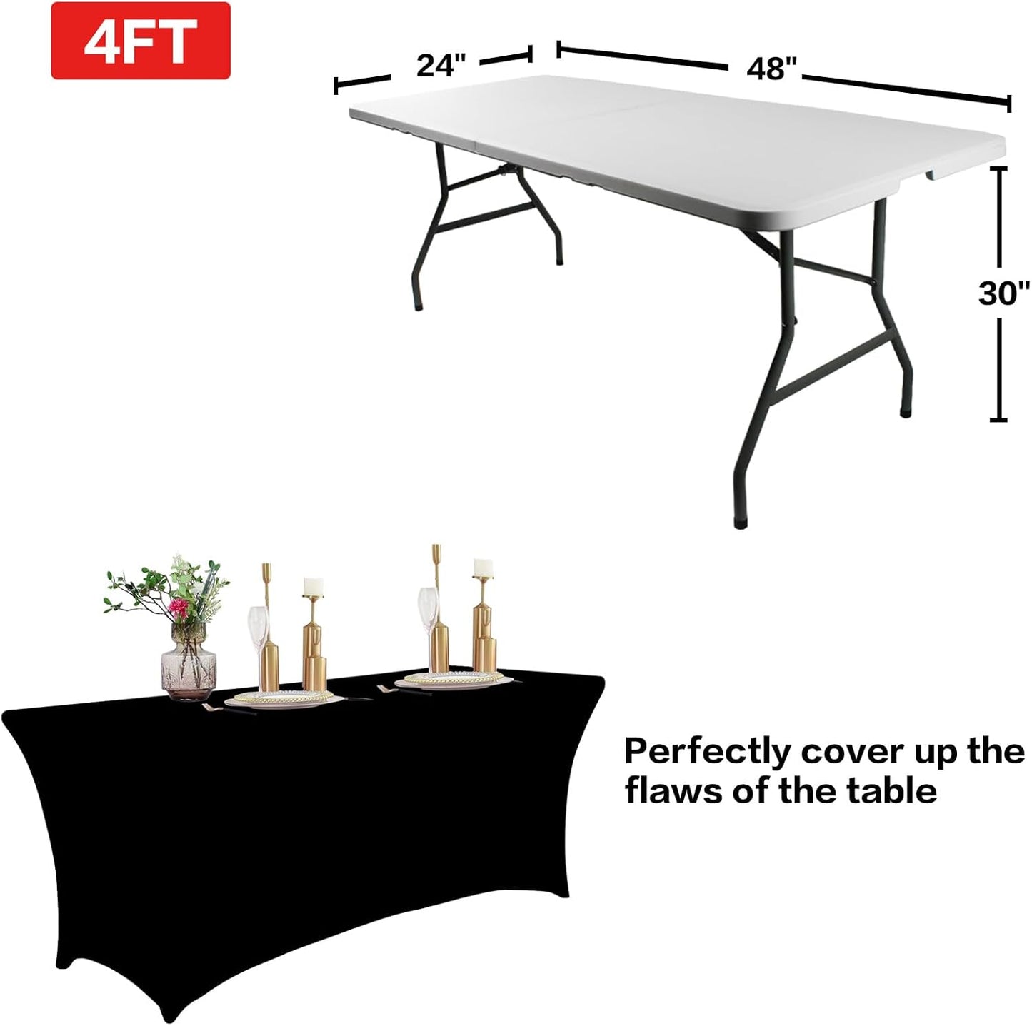 IVAPUPU 4FT Spring Table Cloth for Rectangular Fitted Events Stretch Black Table Covers Washable Cover Spandex Tablecloth Protector for Party, Wedding, Cocktail, Banquet, Festival