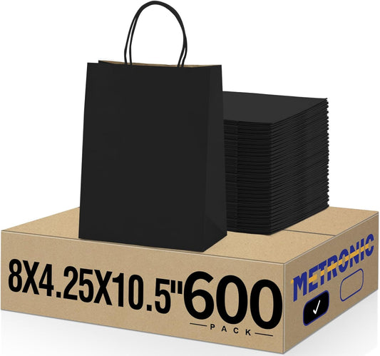 METRONIC Kraft Paper Gift Bags with Handles 8x4.75x10.5 Inch 600 Pcs | Christmas, Birthday Party Favors, Retail Shopping, Small Business Bulk | Black Gift Wrap Bag