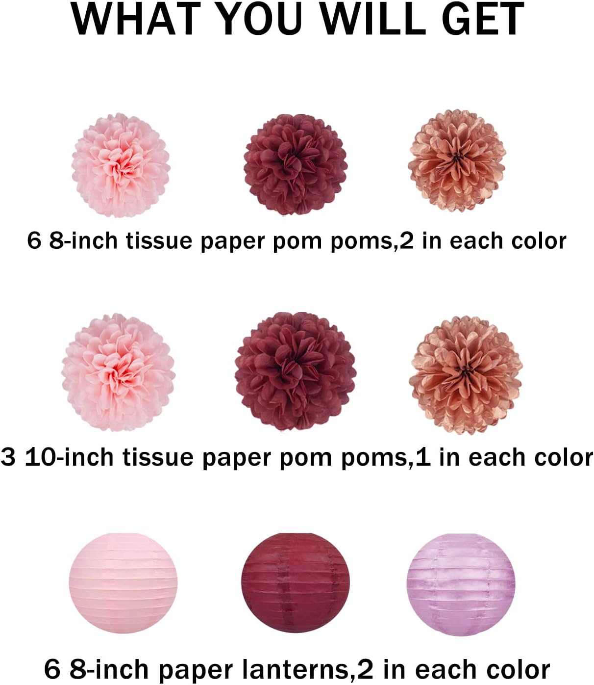 Rose-Gold Pink Burgundy Party Decorations - 15Pcs Tissue Pom Poms Paper Flowers Paper Lanterns Girl Birthday Baby Bridal Shower Bachelorette Engagement Wedding Mothers Day Valentines Galentines Decor
