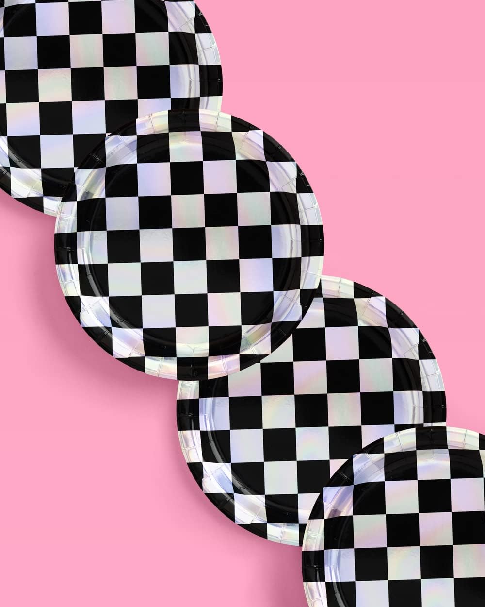 xo, Fetti Black and Iridescent Checker Paper Plates - 25 pack | Happy Birthday Party Decorations, Cute Bachelorette Party, Cool Cake Plates, Checker Disposable Party Plates