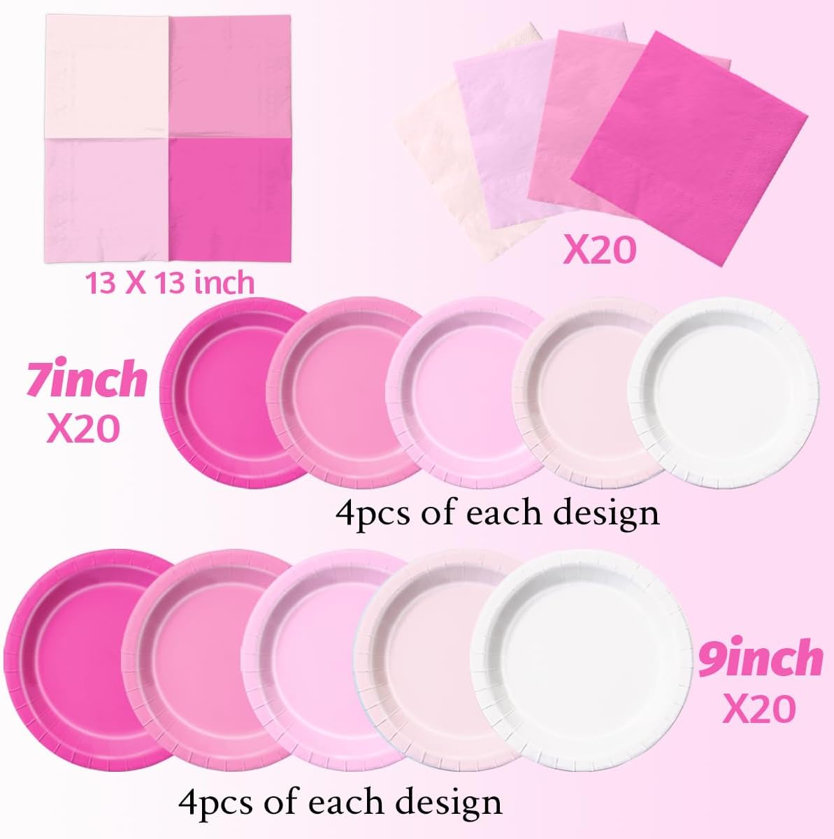 CMUSKO Pink Birthday Decorations-60Pcs Light Pink Plates and Napkins Kit Girls Gradient Pink Party Supplies for Birthday,Wedding, Bridal Shower