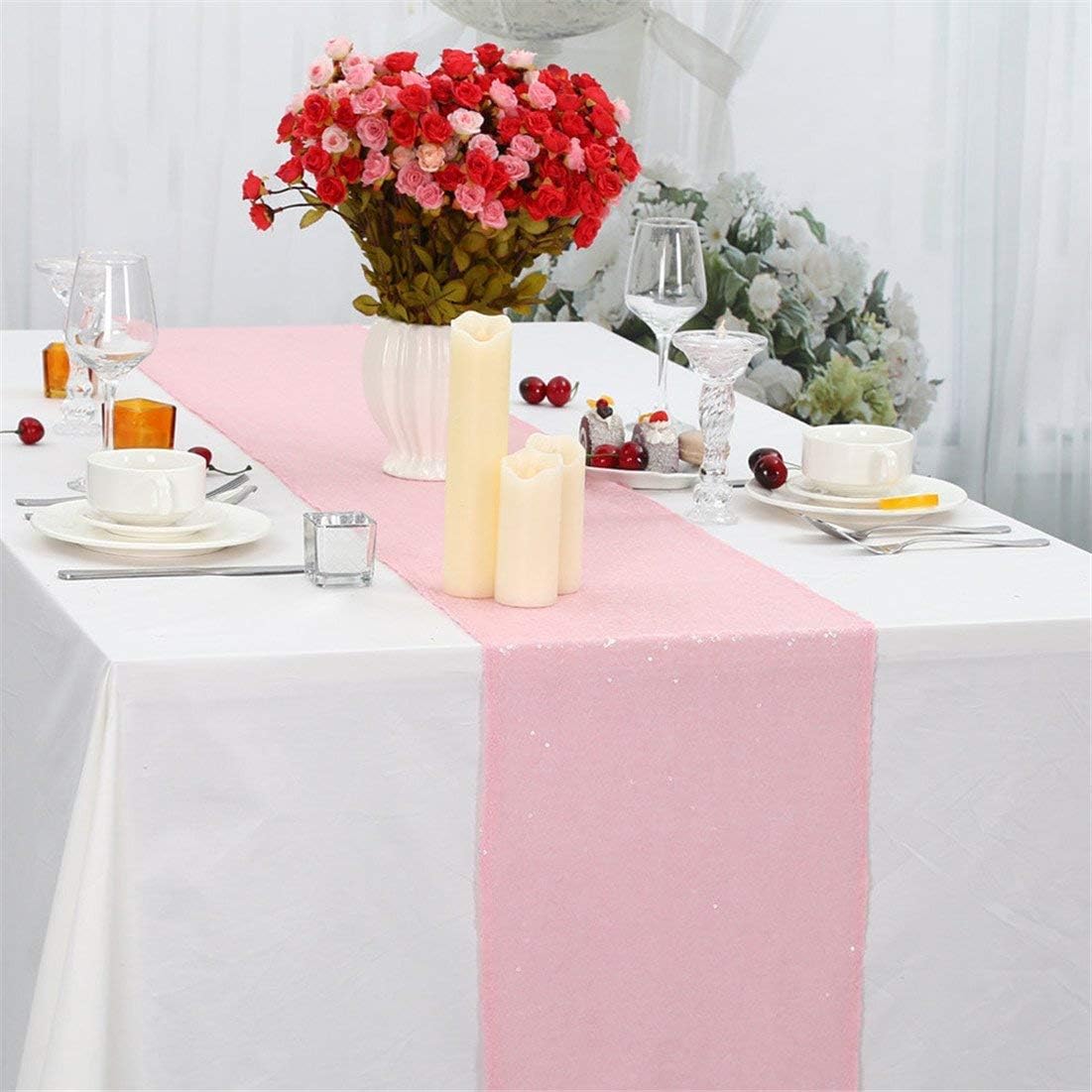 Pink Table Runners 10 Packs 12x108 Inches Glitter Table Runner Wedding Sequin Fabric for Birthday Bridal Baby Shower Engagement Party Decorations