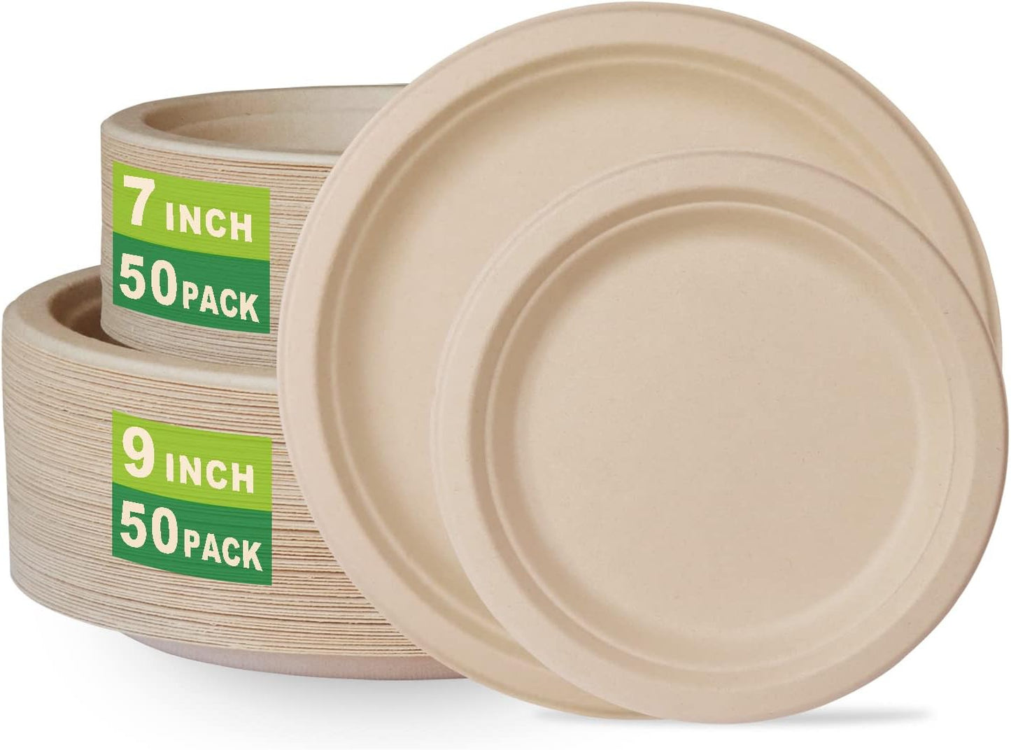 GreenWorks 7 inch and 9 inch Heavy-duty Compostable Plates (each 50 Count), 100 Count Unbleached Disposable Paper Plates