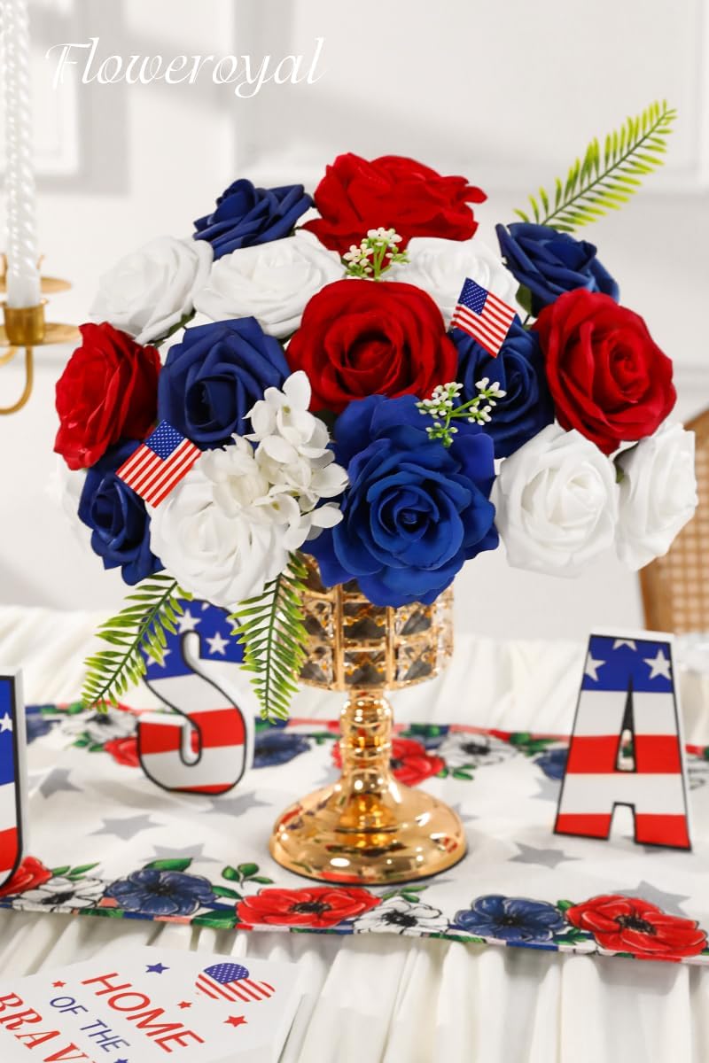 Floweroyal 4th of July Flowers Patriotic Flowers Fake Roses with American Flags for Independence Day, Memorial Day, Floral Arrangement, Table Centerpieces, Home Decorations (Red, Blue, White)