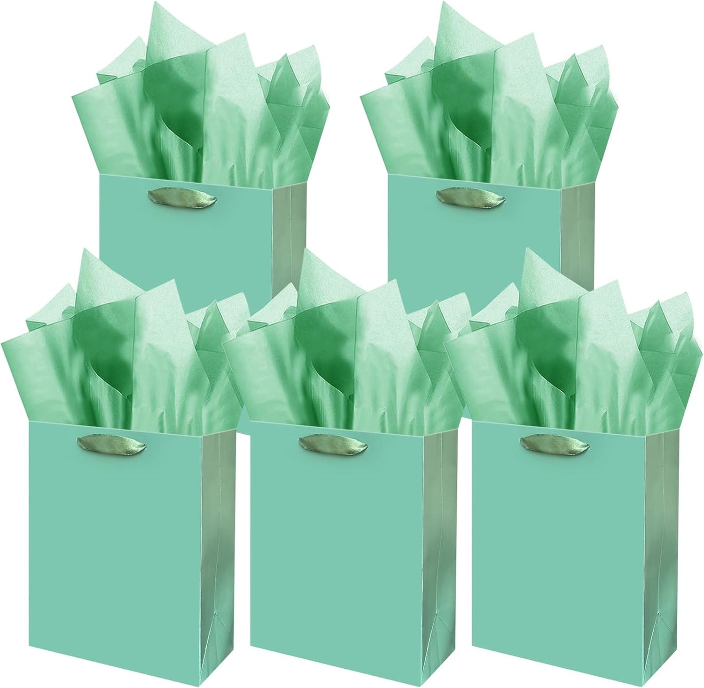 Gcardist Lake Green Gift Bags with Tissue Paper for Wedding, Birthday, Party Supplies-7.9"x4.3"x9.6" Medium Size Cardboard Gift Bags（5pcs Bags +10pcs Tissue Paper ）