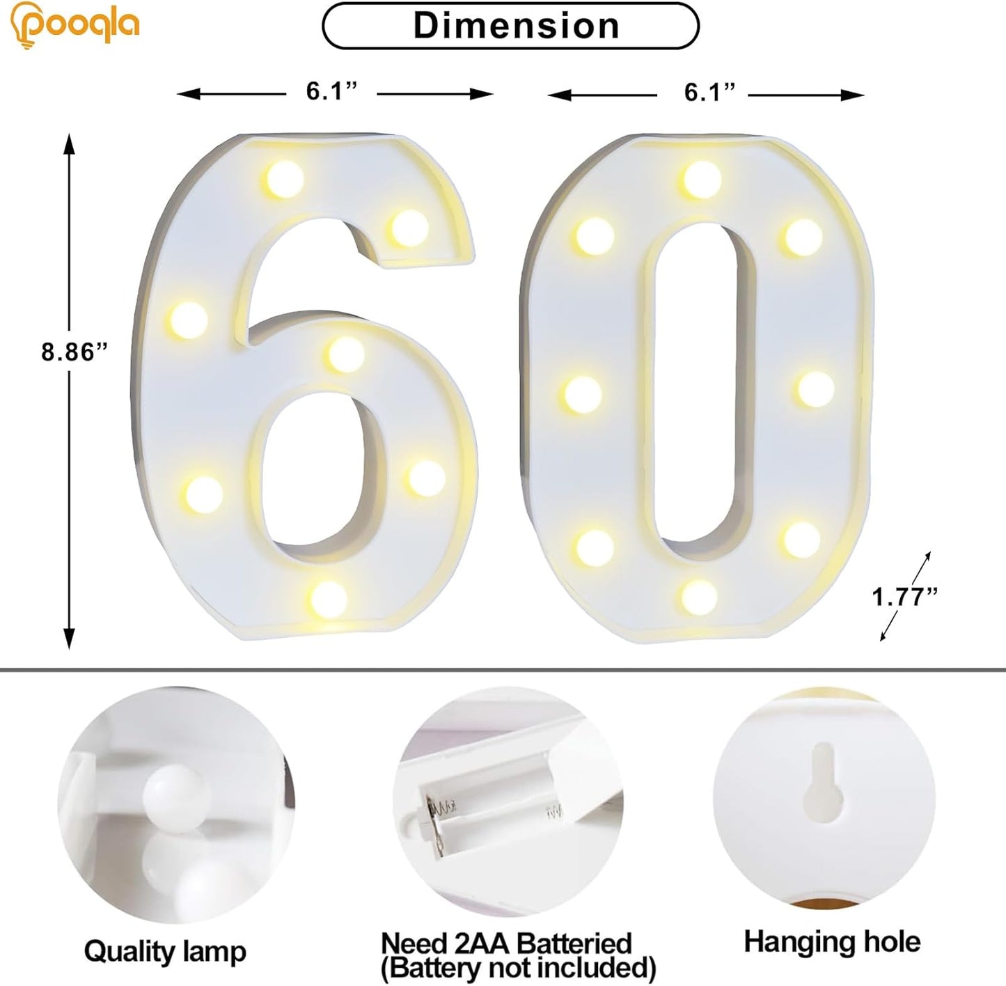 Pooqla 60th Birthday Decoration for Woman Man, Decorative LED Light Up Numbers, Marquee Numbers 60 Sign for Party Backdrop 60th Wedding Anniversary Decor, Warm White and Cool White Number 60