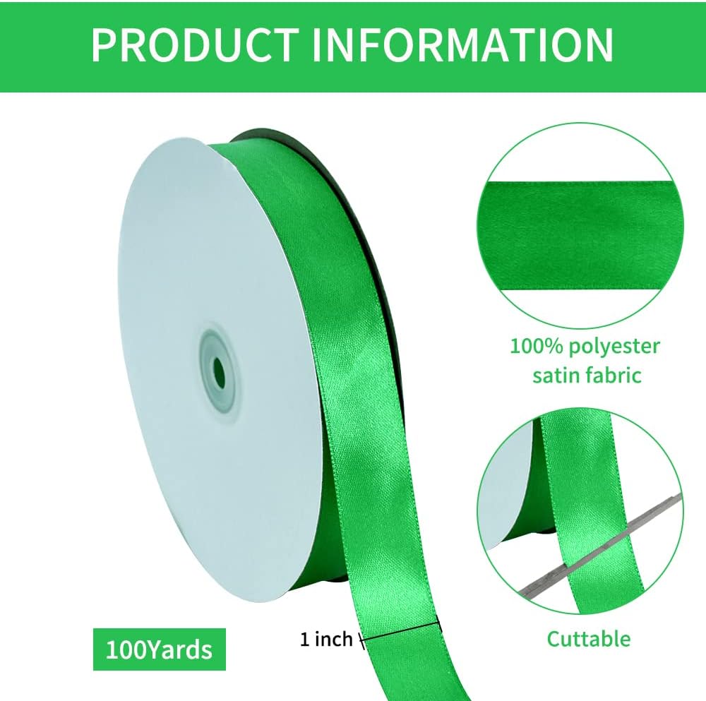 TONIFUL 1 Inch x 100yds Green Satin Ribbon, Thin Solid Color Satin Ribbon for Gift Wrapping, Crafts, Hair Bows Making, Wedding Party Decoration, Invitation Cards, Floral Bouquets