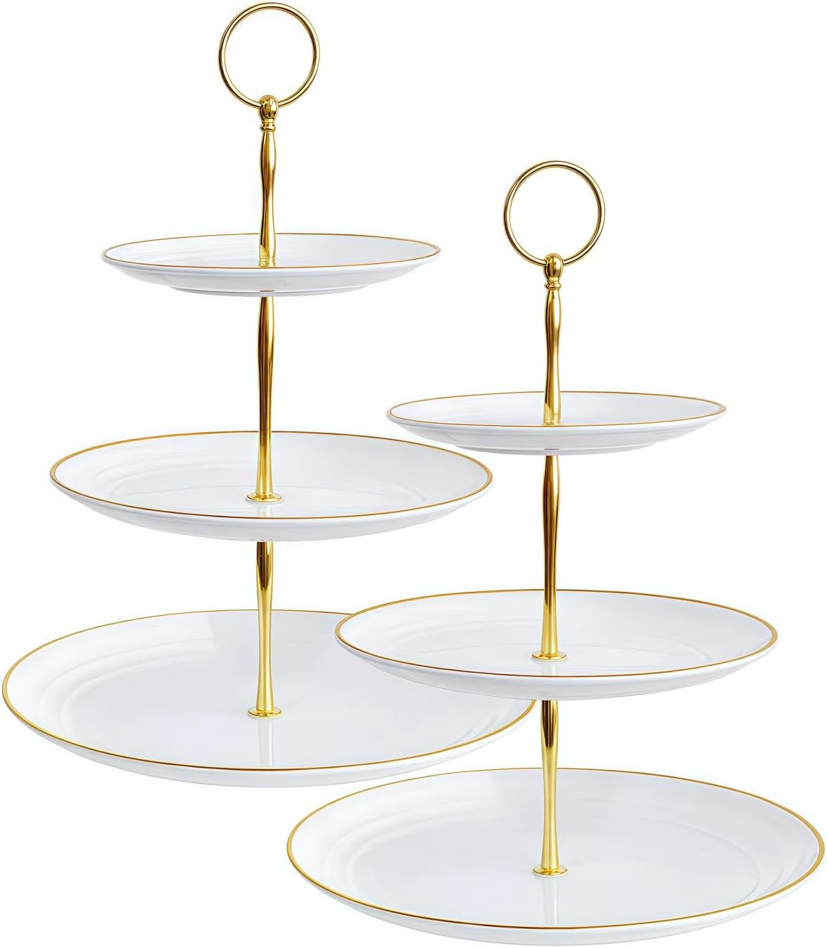 RAUVOLFIA 3 Tier Plastic Cupcake Stand, Tiered Serving Cake Stand, Round White Dessert Stand, Weddings Parties Pastry Serving Tray (2 Pack, White Plate with Gold Rim)