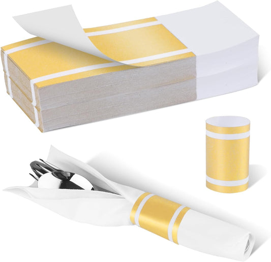 Germiwipe Gold Napkin Band,Paper Napkin Rings Self Adhesive,200PCS Silverware Wraps Bands,Table Setting Wedding Event Party Supply NB-015
