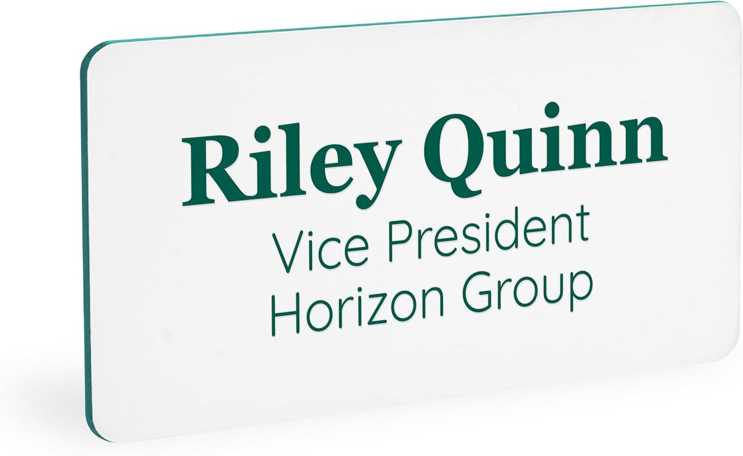 ExcelMark Custom Name Tag - Engraved Name Badge with Pin or Magnetic Backing, 16 Colors, 6 Fonts, and 2 Sizes to Choose from (White w/Pine Green Letters, 1.5"x 3")