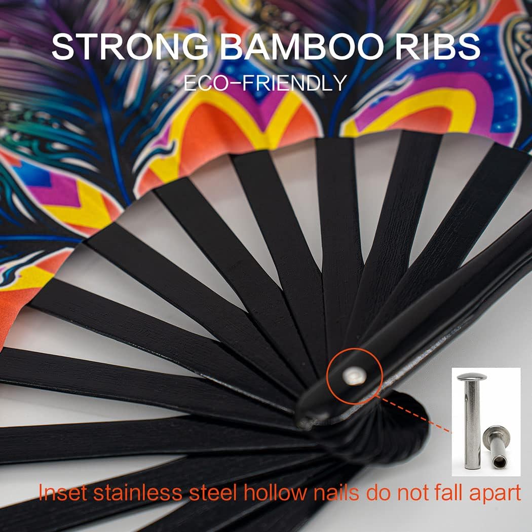 13" Large Rave Fan Bamboo, Folding Clack Hand Fans Foldable for Men Women, Boots on the Ground Poping Fan for EDM Festival Line Dance Decoration, (Peacock, Large 13")