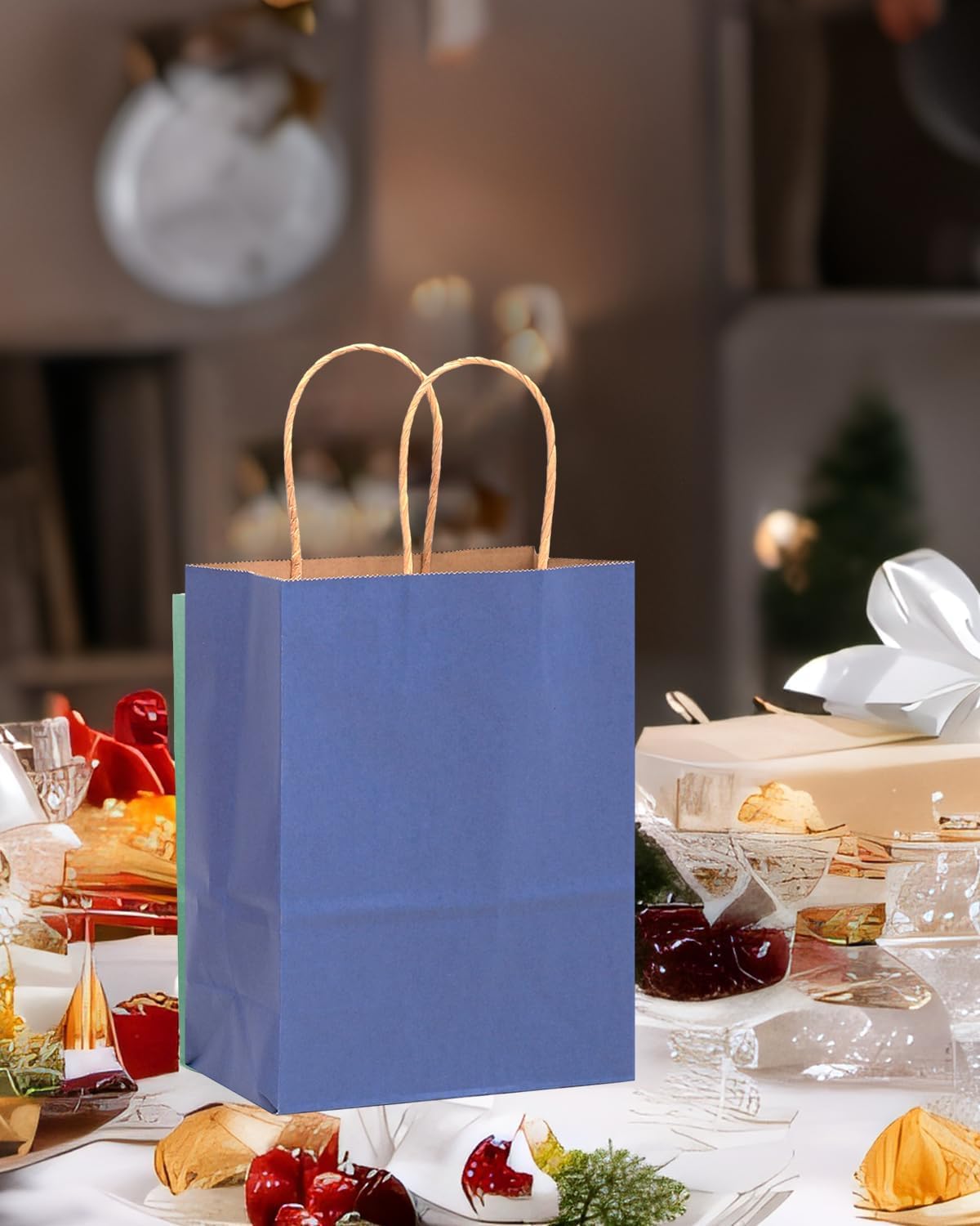 qiqee 50-Packs Gift Bag with Handles Bulk Kraft Deep Blue Paper Bags Multiple Uses (8.3"x3"x6"inch Small Size)