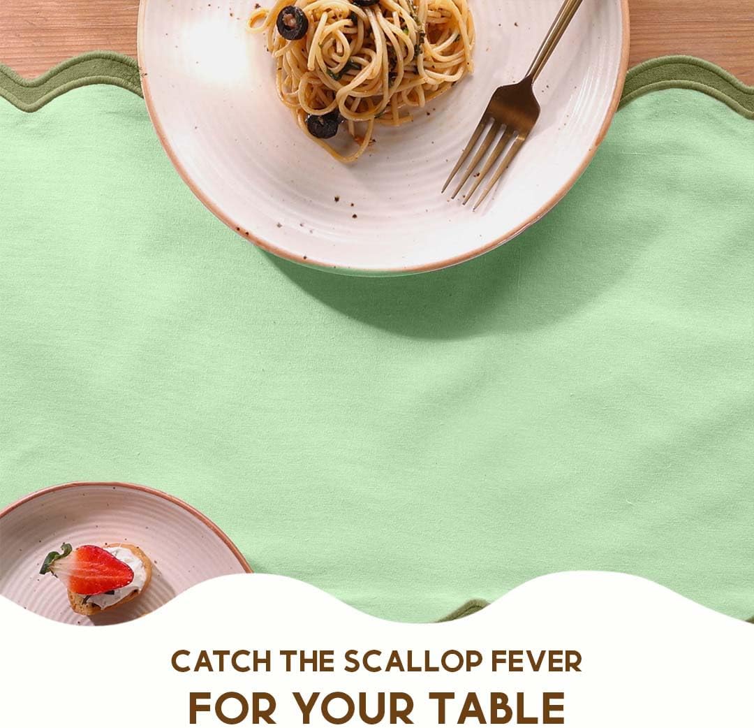 Folkulture Table Runner | Table Runners 108 inches Long | Scallop Table Runner for Farmhouse Decor or Boho Decor | Sage Green Table Runners for Dining Room Table Decor | Pastel Party Decorations