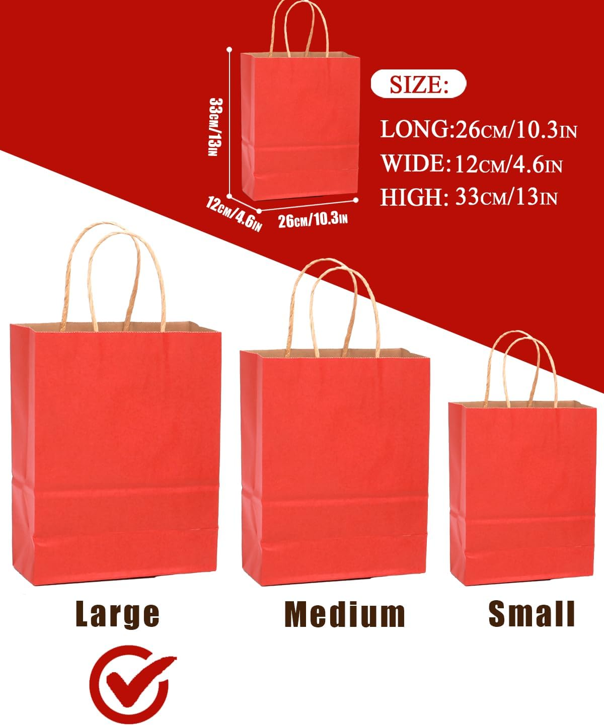 qiqee 100PCS Gift Bag with Handles Bulk Kraft Red Paper Bags Multiple Uses (13''x5 x10 inch Large Size)