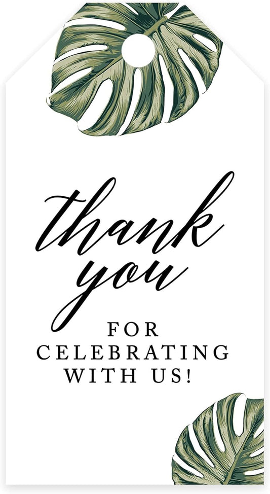 Andaz Press 100-Pack Thank You for Celebrating with Us Favor Tags Tropical Monstera Leaves Cardstock Gift Tags with Bakers Twine for Wedding Baby Shower Bridal Shower Party Favors 2 x 3.75-Inches