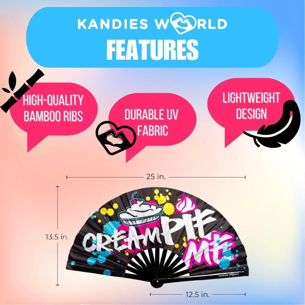 Kandies World Custom Festival Folding Hand Fan - Unique Designs, Made of Bamboo, Clacking Sound, Lightweight - Perfect Rave and Festival Accessory! (Cream Pie)