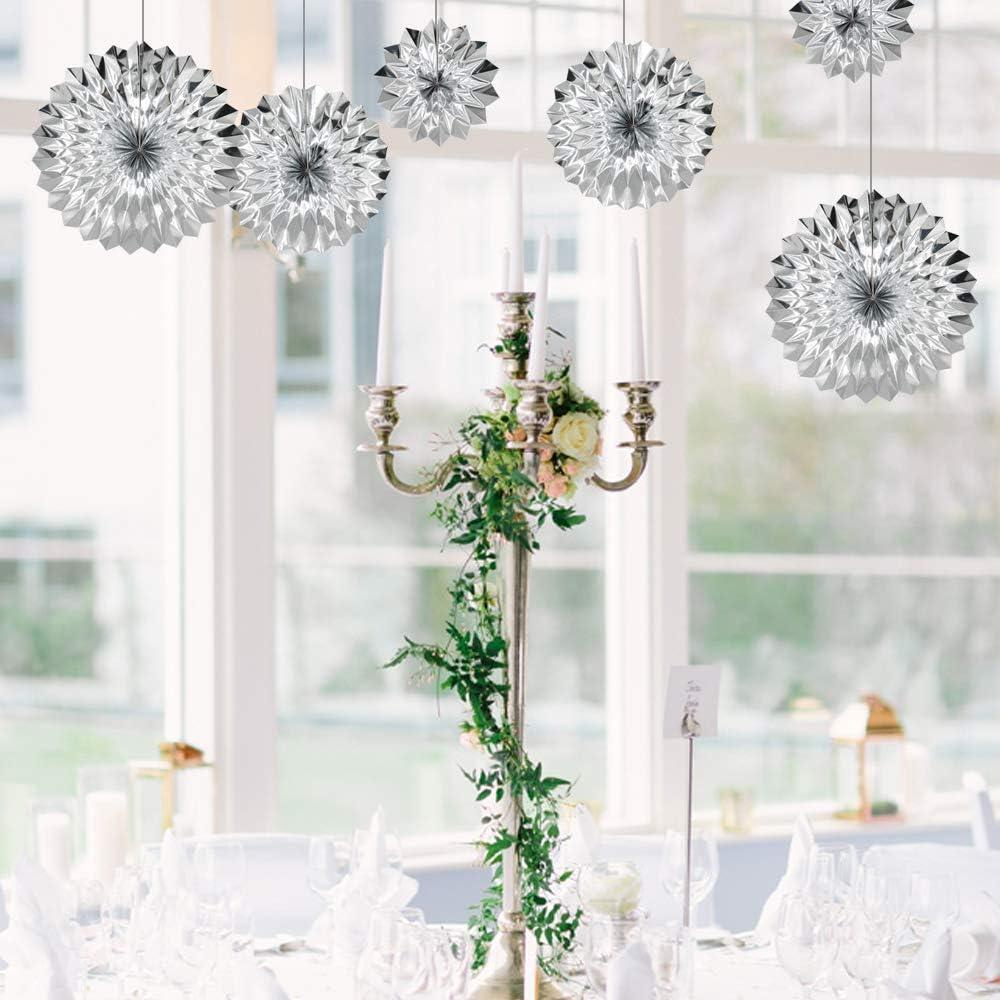 Hanging Paper Fans Party Set, Silver Round Pattern Paper Garlands Decoration for Birthday Baby Shower Graduation Retirement, Set of 6