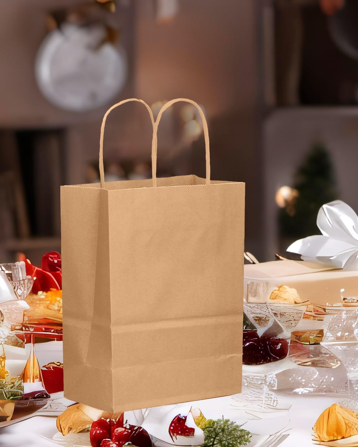 qiqee 50-Packs Brown Paper Gift Bags with Handles Bulk 11"x8.3"x4.3" Medium Size Paper Bags Multiple Uses