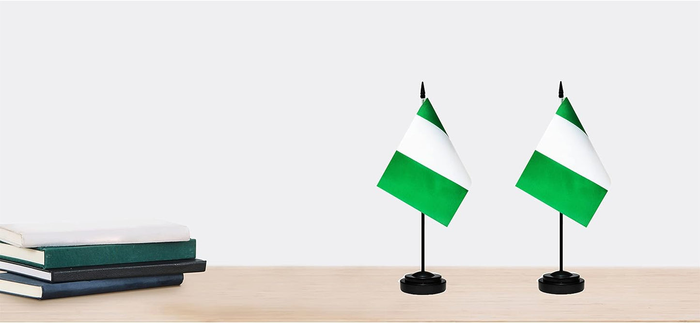 Nigeria Nigerian Deluxe Desk Flag Set Small Mini Miniature Nigeria Nigerian Table Desktop Flags With Solid Pole, Black Base and Spear Top(2 Pack)