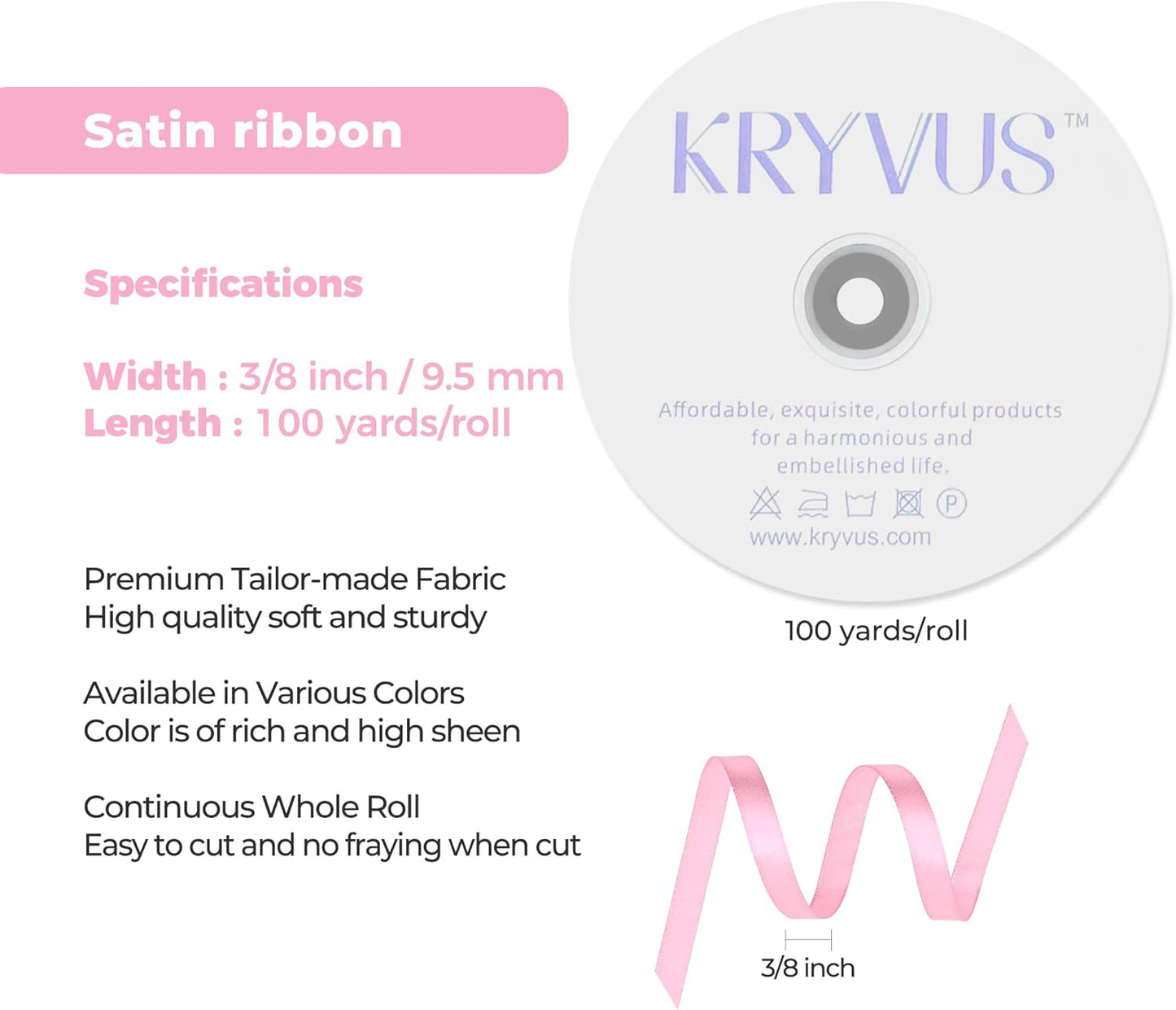 Rose Pink Satin Ribbon 3/8 inch X Continuous 100 Yards, Single Face Polyester Ribbon Perfect for Gift Wrapping, Flower Bouquet, Wedding Decor, Crafts, Bow Making, Sewing and More