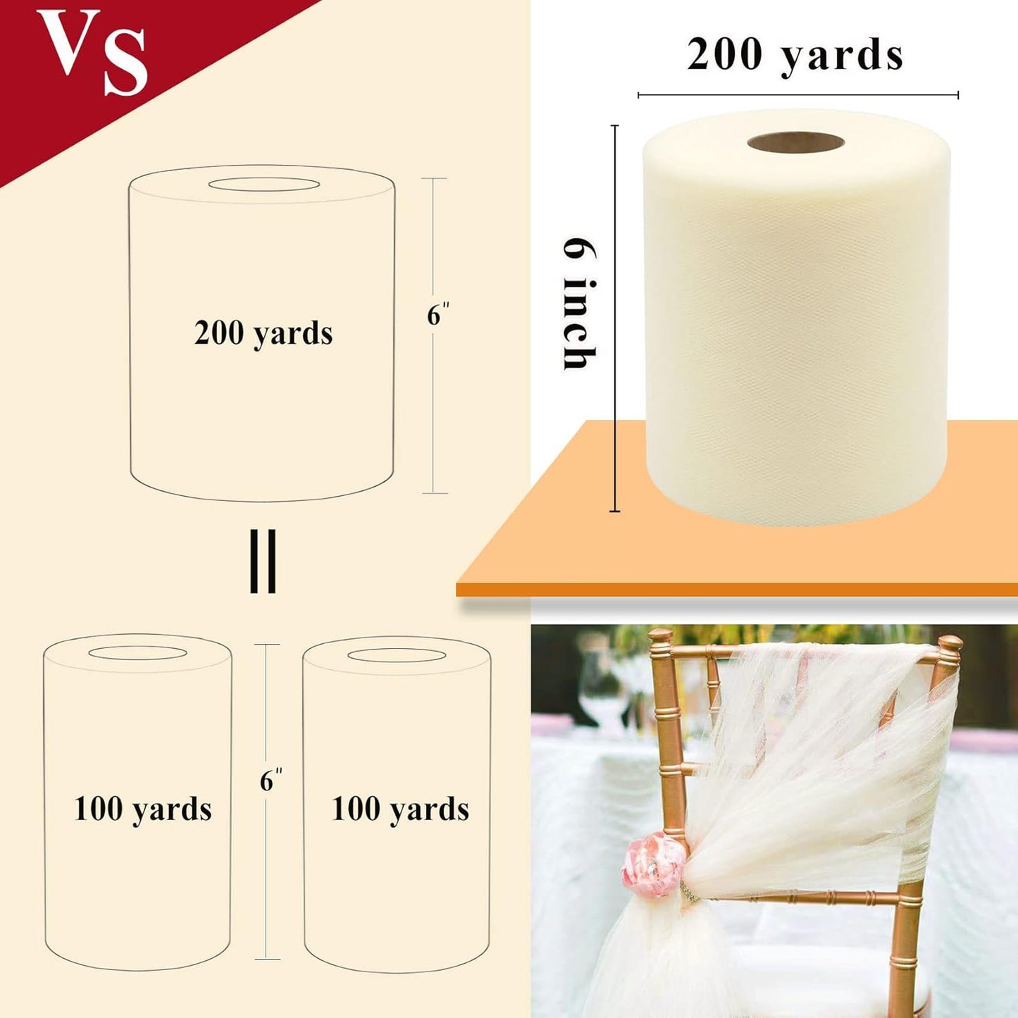 Ivory Tulle Fabric Rolls 6 Inch by 200 Yards (600 feet) Fabric Spool Tulle Ribbon for DIY Ivory Tutu Gift Wrapping Baby Shower Birthday Party Wedding Decorations Craft Supplies