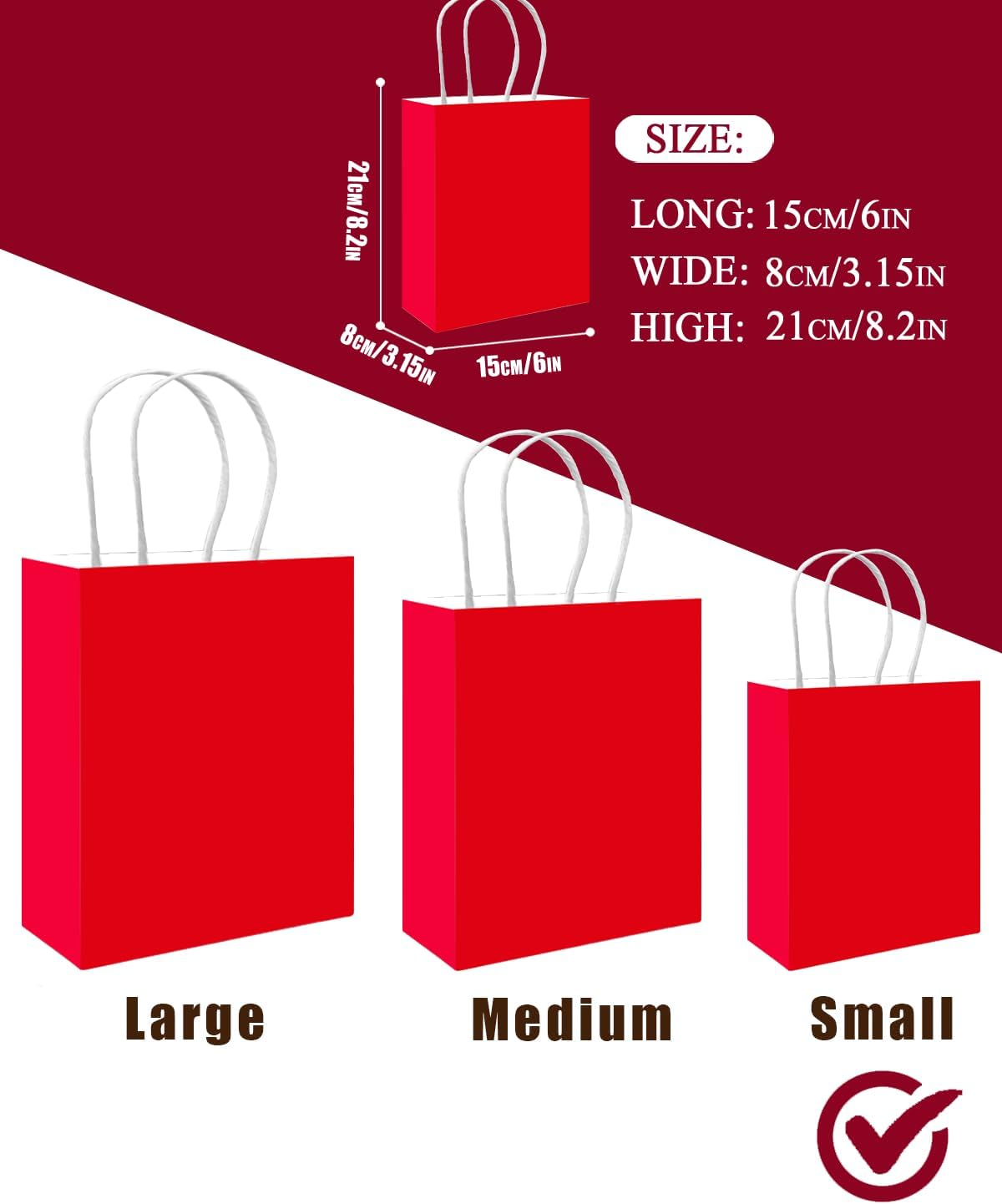 qiqee 50-Packs Gift Bag with Handles Bulk Red Paper Bags Multiple Uses (8.3"x3"x6" Small Size)
