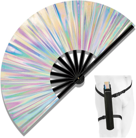 13" Large Folding Rave Fan with Holster, Clack Hand Fans Foldable for Line Dancing, Boots On The Ground Fan for Women Men Festival EDM Party Decoration, Holographic White