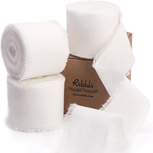 RiRibbli 3 Rolls White Ribbon 1.5 Inch x 18Yards Handmade Cotton Frayed Fringe Ribbons for Gift Wrapping Wedding Invites Bridal Bouquets Baby Shower DIY Crafts Home Decor