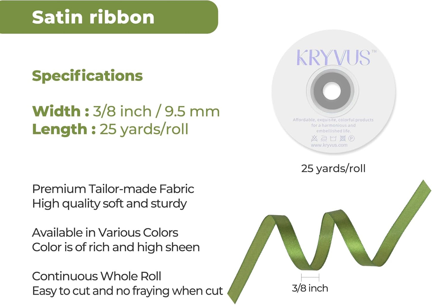Olive Green Satin Ribbon 3/8 inch X Continuous 25 Yards, Single Face Polyester Ribbon Perfect for Gift Wrapping, Flower Bouquet, Wedding Decor, Crafts, Bow Making, Sewing and More