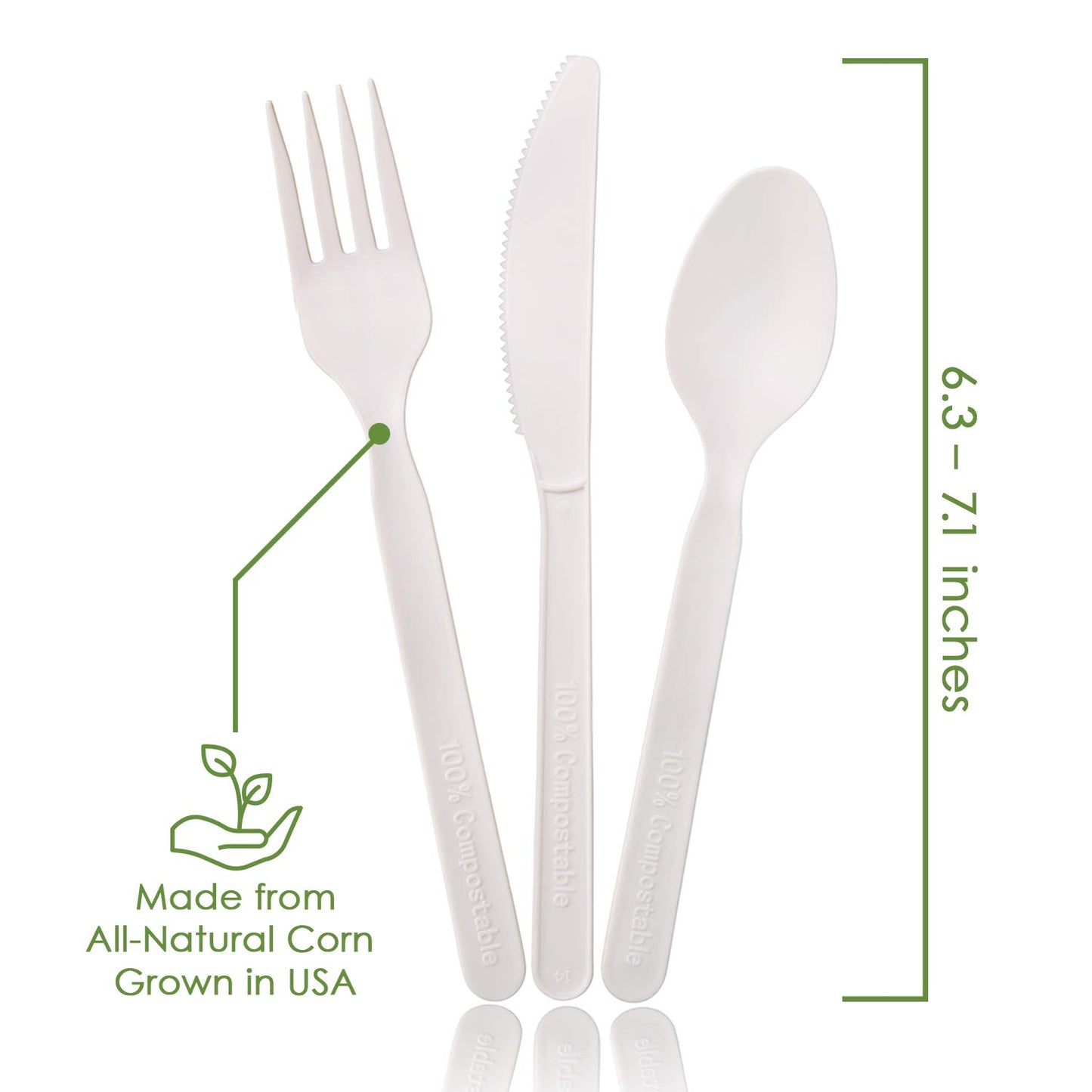 Ecovita 100% Compostable Forks Spoons Knives Cutlery Combo Set - 380 Large Disposable Utensils (7 in.) Eco Friendly Durable and Heat Resistant Alternative to Plastic Silverware with Convenient Tray