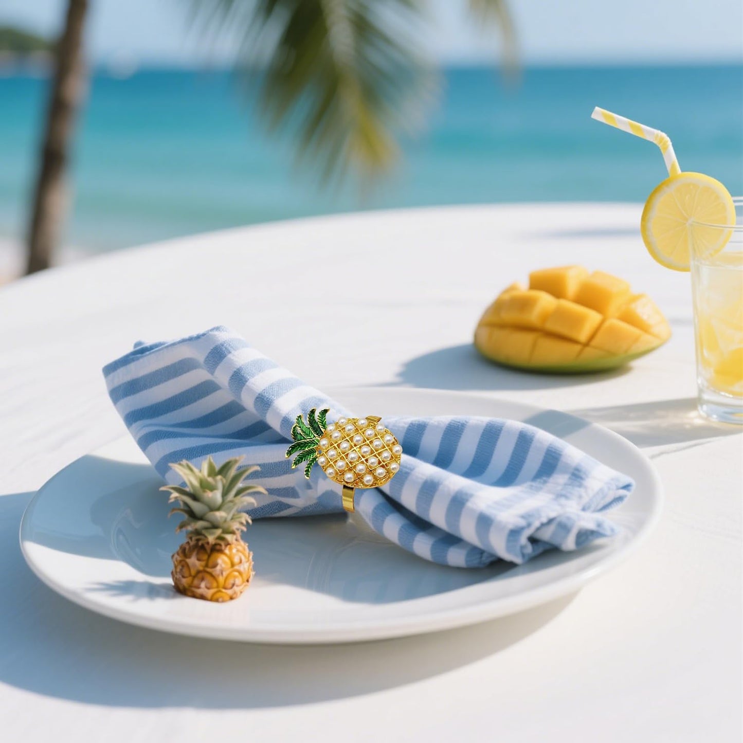 Napkin Rings Set of 8 Pearl Pineapple Napkin Rings for Napkins,Gold Napkin Holders for Cloth Napkins,Summer Napkin Ring for Farmhouse Dining Table Decor,Rustic Fruit Napkin Ring Holders