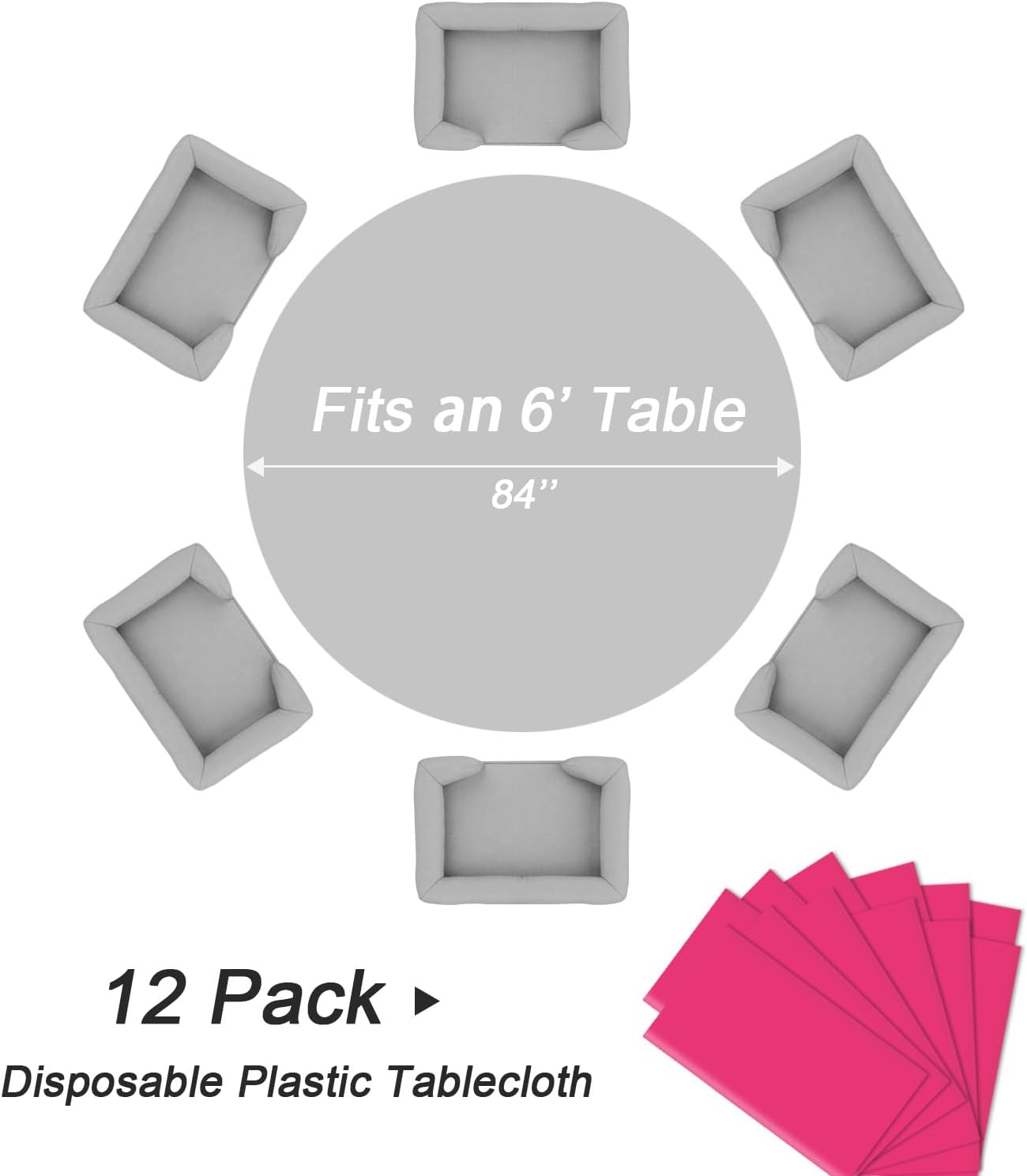 QIKSION Hot Pink Round Tablecloth 12 Pack, 84 Inch Plastic Table Cover Disposable for Parties