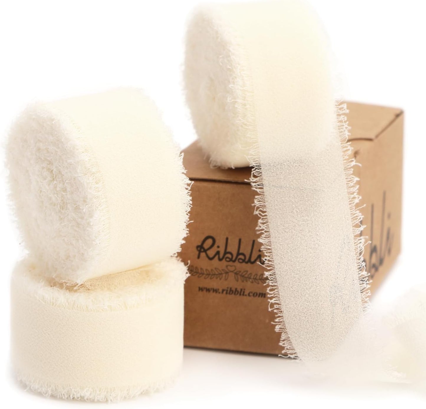 Ribbli Ivory Ribbon 1 Inch x 3 Rolls Total 24 Yards Ivory Handmade Fringe Chiffon Silk Ribbon for Wrapping Wedding Invitations Bridal Bouquets DIY Crafts Home Decor