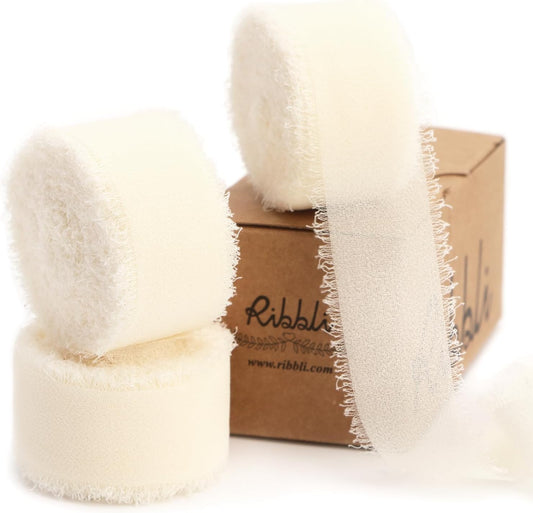 Ribbli Ivory Ribbon 1 Inch x 3 Rolls Total 24 Yards Ivory Handmade Fringe Chiffon Silk Ribbon for Wrapping Wedding Invitations Bridal Bouquets DIY Crafts Home Decor